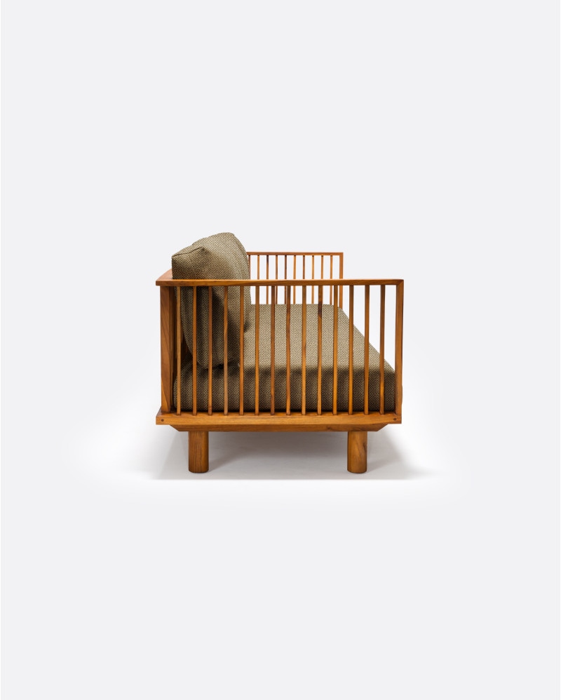 TOPRAK 3-seater outdoor sofa in natural teak and olefin, 260 x 82 x 77 cm, with sand-coloured upholstery