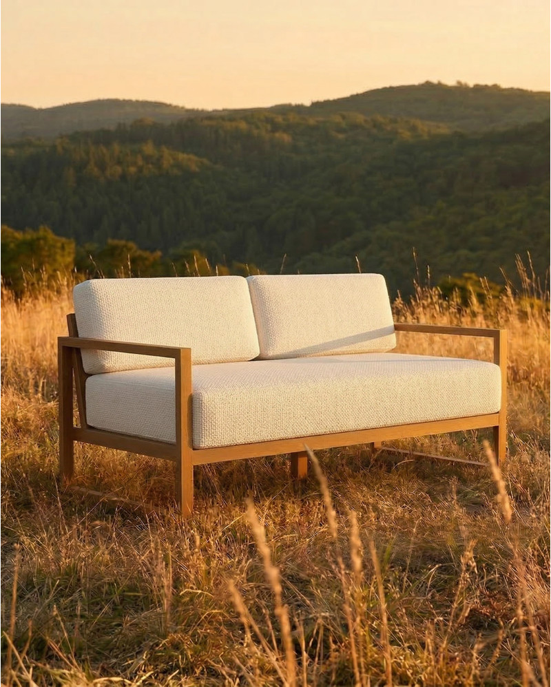 Sofá de exterior SELMA 2/3 plazas en teca natural, 170 x 83 x 67 cm, con tapizado color marfil (Ivory)