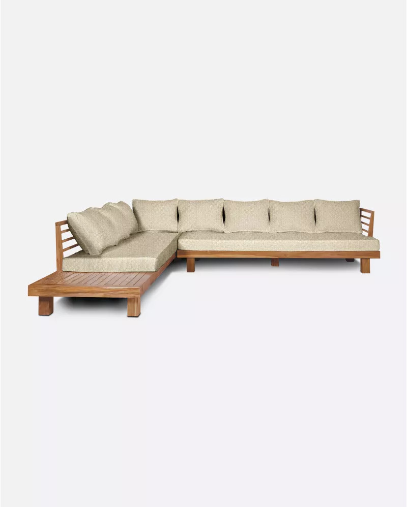 Sofá de exterior STRAUSS 4 plazas rinconero derecho en teca natural y olefina con tapizado color marfil (Ivory)