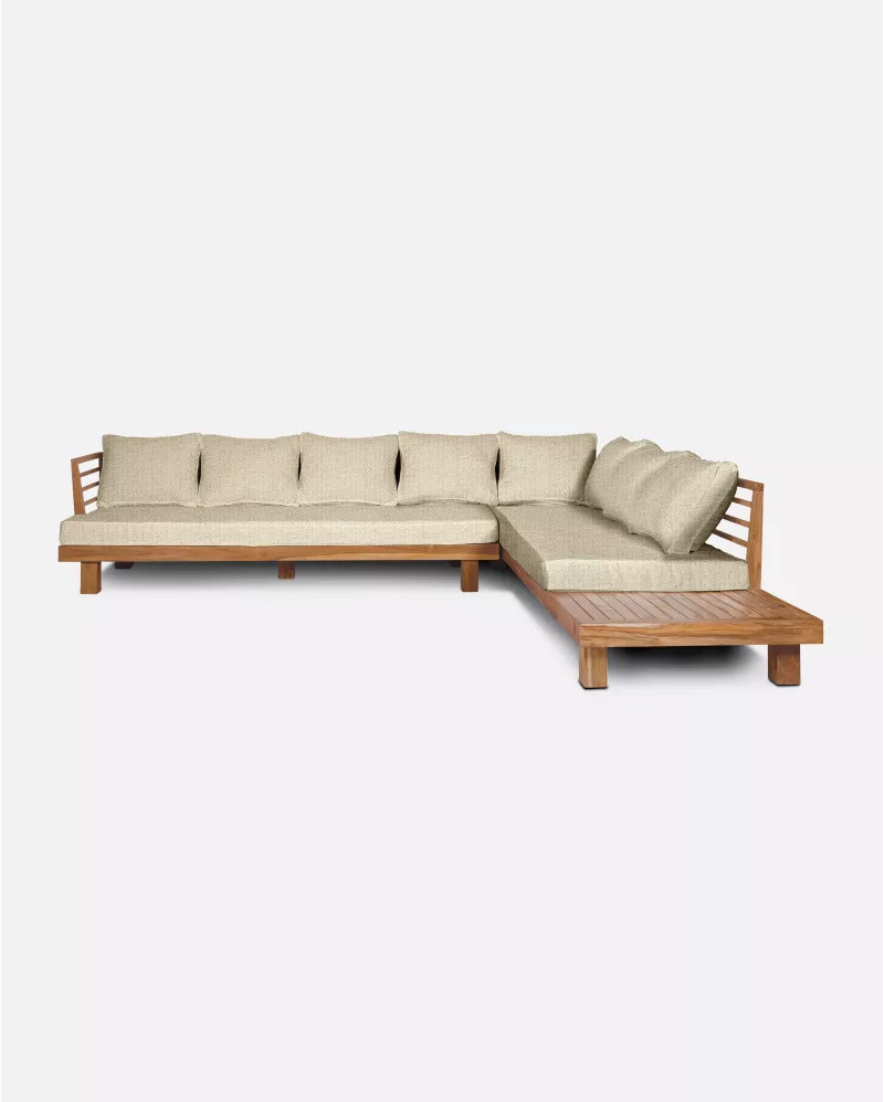 STRAUSS 4-seater left corner outdoor sofa in natural teak and olefin, 304 x 252 x 67 cm, with ivory-coloured upholstery