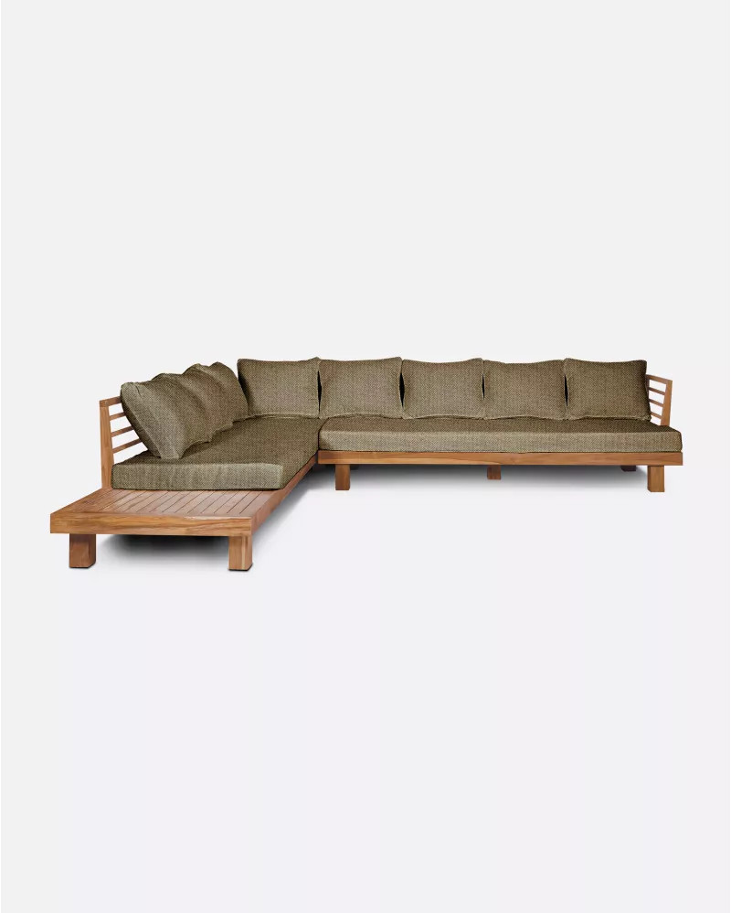 STRAUSS 4-seater right corner outdoor sofa in natural teak and olefin, with sand-coloured upholstery