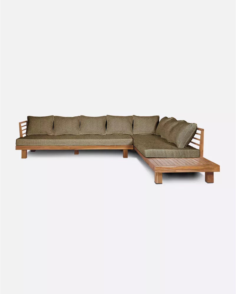 STRAUSS 4-seater left corner outdoor sofa in natural teak and olefin, with sand-coloured upholstery